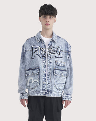 Evisu Detachable Sleeve Denim Jacket w/ Graffiti Embroidered