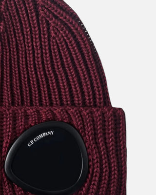 C.P Company Knit Cap In Extrafine Merino Wool Goggle Beanie Andorra Red